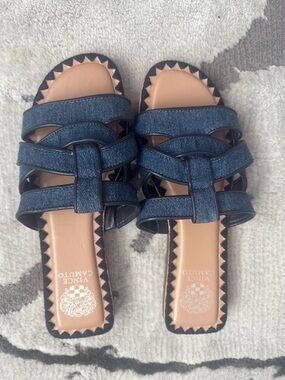 Vince Camuto Denim Multi-Strap Slide Sandals - Blue & Tan